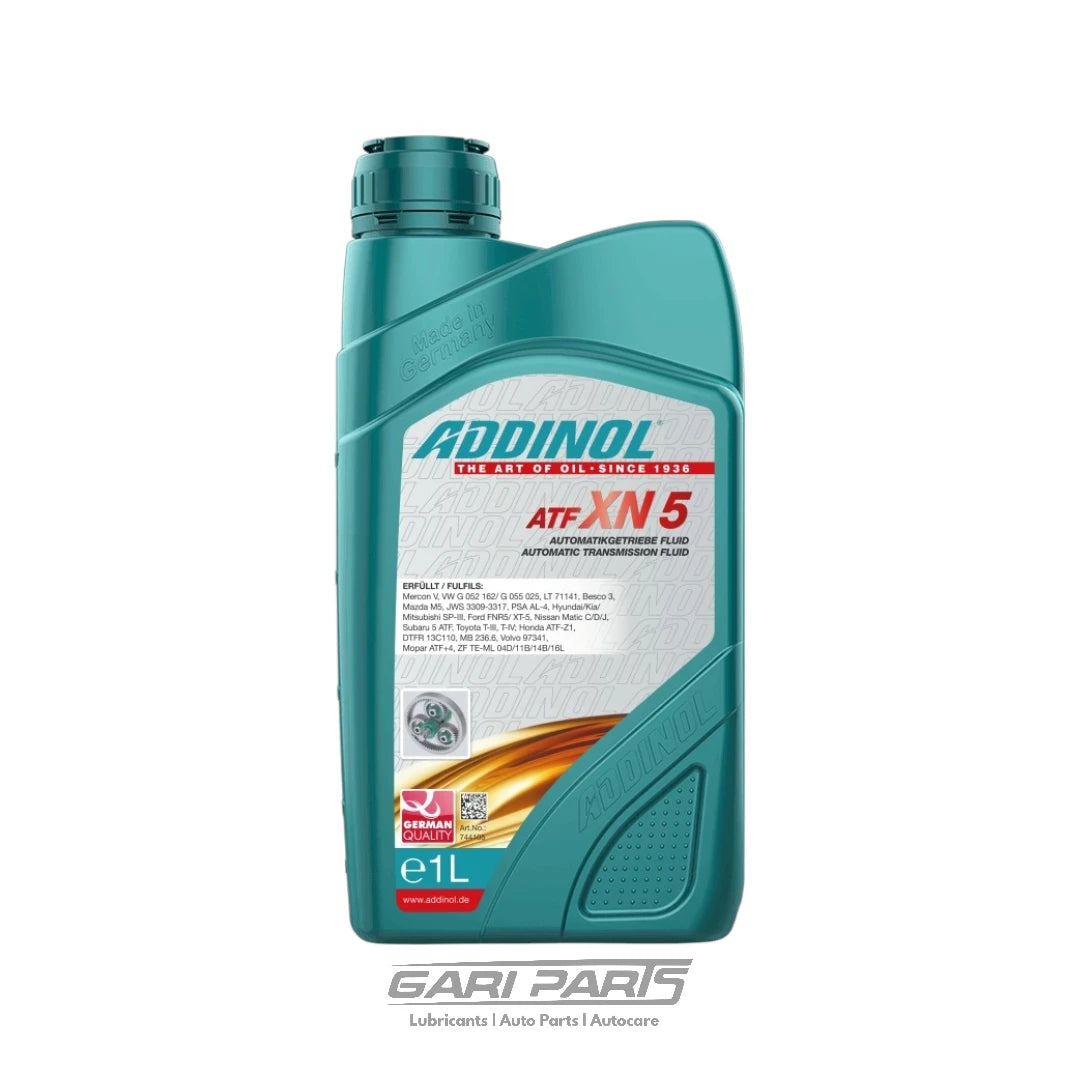 A 1-liter bottle of Addinol ATF-XN 5 Automatic Transmission Fluid, featuring a teal-green plastic container with a white and red label, set against a plain white background.