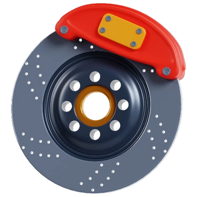 A close-up of a car brake assembly featuring a dark gray drilled brake rotor, a red brake caliper, and a yellow mounting plate, isolated on a white background.