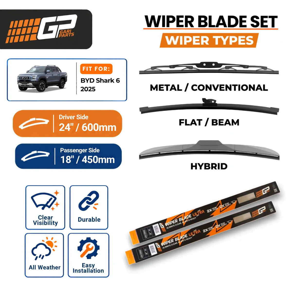 BYD Shark 6 2025 Wiper Blades Set - GP - 24" / 600mm + 18" / 450mm