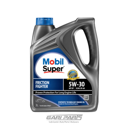A 3-liter bottle of Mobil Super Friction Fighter 5W-30 synthetic engine oil, shown on a white background with a gray shadow and a 'GARI PARIS' watermark at the bottom.