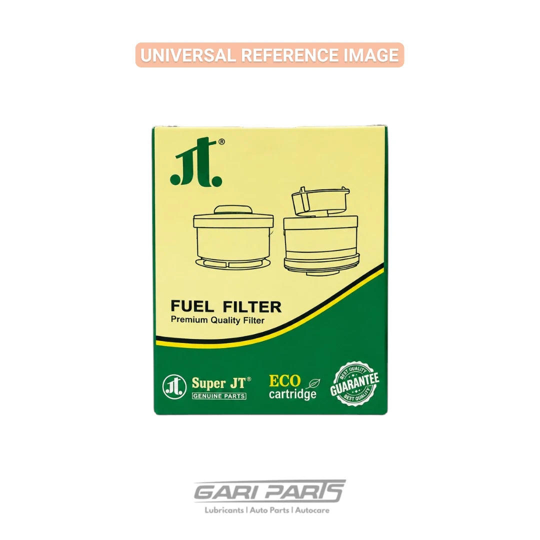 A boxed fuel filter product on a white background. The package is primarily pale yellow on the upper half and green on the lower half, with line drawings of two cylindrical filter components and text reading 'FUEL FILTER' and 'Premium Quality Filter.