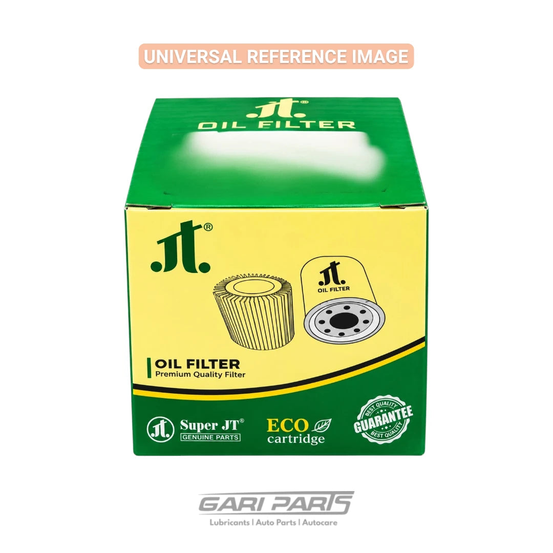 A green and yellow box of a Super JT Oil Filter Premium Quality Filter, shown on a white background with a 'Universal Reference Image' label at the top and 'Gari Parts' at the bottom.